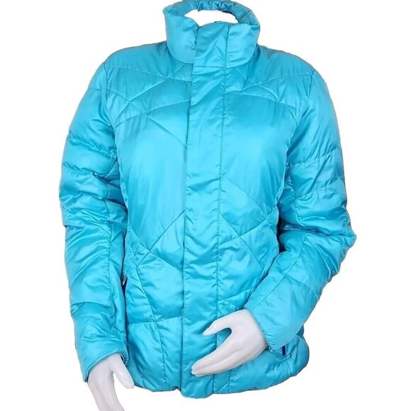 Spyder ThermaWeb Jacket Womens Large Aqua Puffer Performance Full Zip Storm Flap - Picture 1 of 12